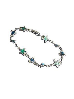 SJ Signed Abalone Shell Bracelet Silvertone Sea Turtles Starfish Dolphins 7.25"